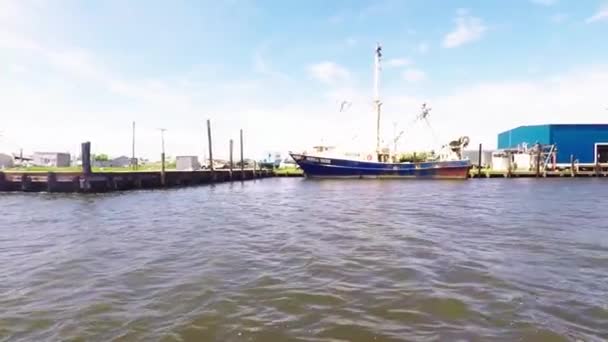 Various Fishing Boats Industrial Fishing Buildings Shot Water — Stock Video