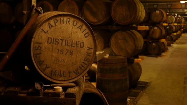 Magazzino Con Barili Presso Distilleria Laphroaig Whisky Isola Islay Scozia — Video Stock