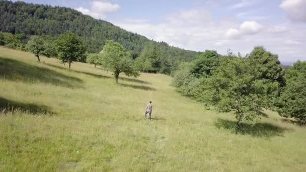 Mladý Muž Kráčí Poli Zpomaleném Filmu Jeho Výraz Tváři Vypadá — Stock video