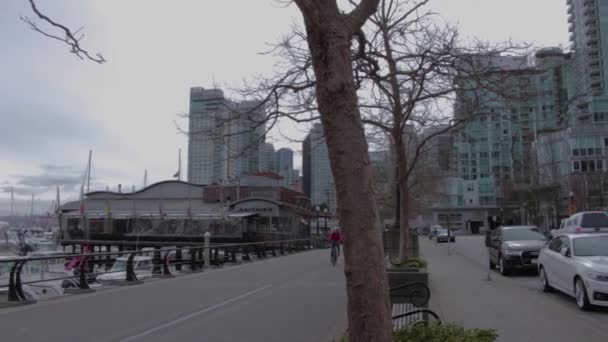 Una Familia Pasa Bicicleta Barcos Edificios Pueden Ver Fondo — Vídeo de stock