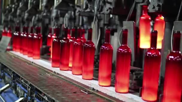 Produzione Bottiglie Vetro Vino Bottiglie Molto Calde Dalla Macchina Alla — Video Stock