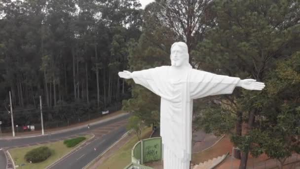 Estátua Cristo Cidade Vinhedo Capturada Com Drone Precisa Classificação Cores — Vídeo de Stock