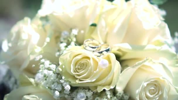 Anillos Boda Flores Sobre Fondo Naturaleza — Vídeos de Stock