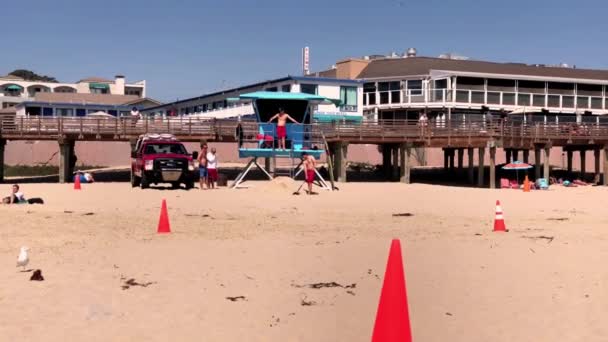 Beach Lifeguard Post Boardwalk Cones Foreground — Stock Video