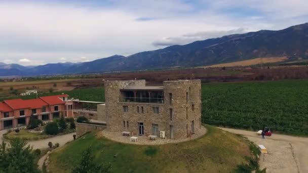 Type Luchtfoto Inhoud Klein Kasteel Een Heuvel Omringd Door Bergen — Stockvideo