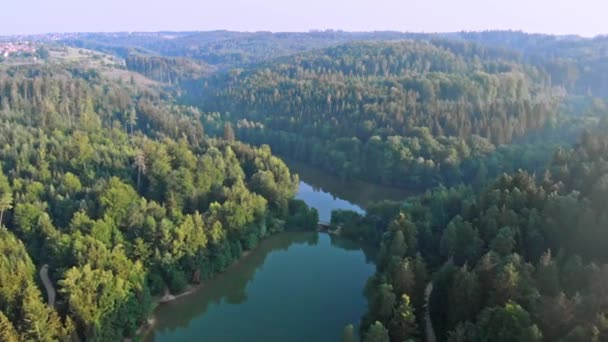 Luftaufnahme Des Herrenbachstausees Baden Württemberg Einem Sonnigen Morgen Sommer — Stockvideo