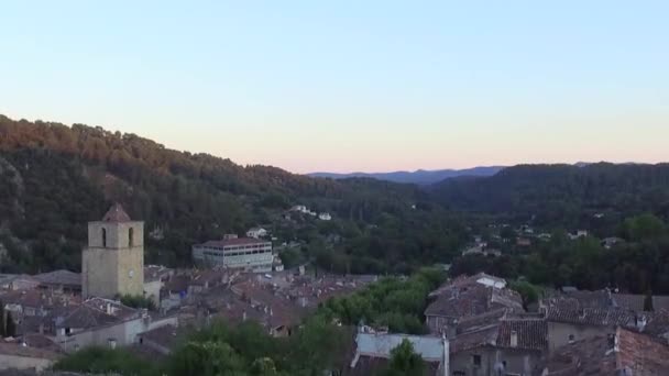 Drone Pan Small Building Exposes Wide Shot Small French Village — Stock Video