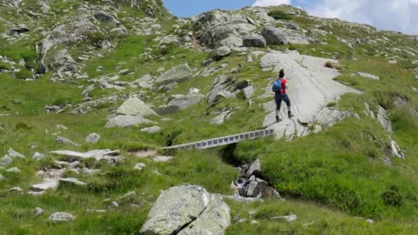 Женщина Пешие Прогулки Красивых Горах Olperer Циллерталь Тироль Австрия — стоковое видео