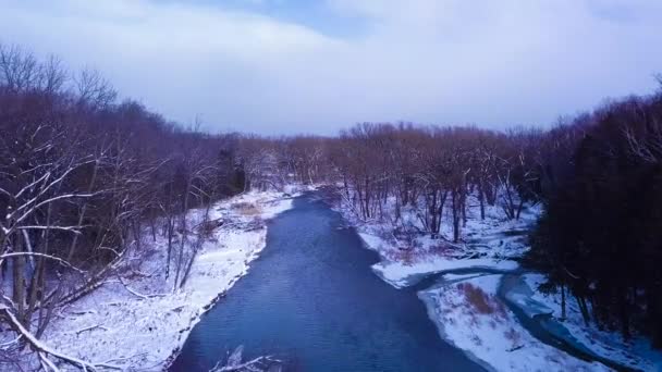 Letecký Záběr Přes Stromy Nad Řekou Zimě Následovaný Stoupající Záběrem — Stock video