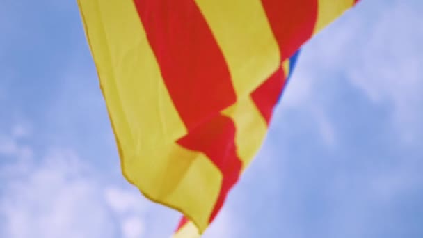 Katalanska Flaggan Viftar Vinden Två Duvor Flyger Förbi Bakgrunden — Stockvideo