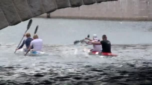 Grupo Hombres Atléticos Remando Kayaks Tándem Río Abajo Malme Suecia — Vídeo de stock