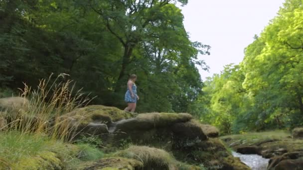 Woman Blue Short Dress Approaching Secluded River Edge — Stock Video