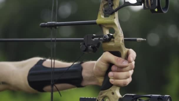 Slow Motion Closeup Professional Bow Being Aimed Shot Archer — Stock Video