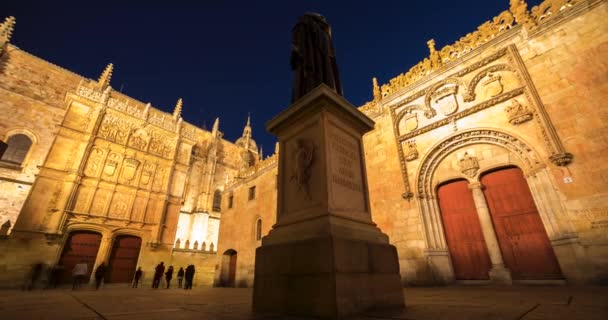 Timelapse University Salamanca Fray Luis Leon Statua Noc — Wideo stockowe