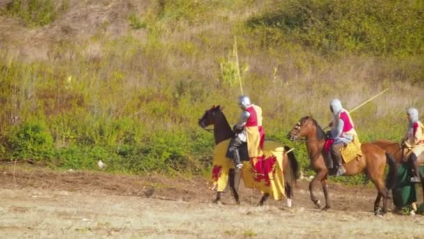 Cavaleiro Medieval Espanhol Atacando Reconstrução Batalhas Medievais Durante Festival Anual — Vídeo de Stock