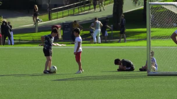 黑暗与白人巴西男孩在慢镜头的公园里一起练习足球 — 图库视频影像