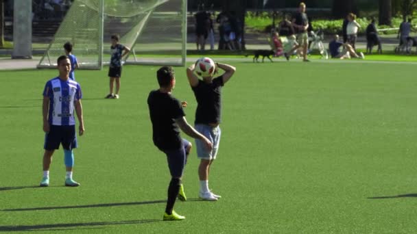 Dunkle Und Kaukasische Brasilianische Jungen Üben Gemeinsam Fußball Einem Park — Stockvideo