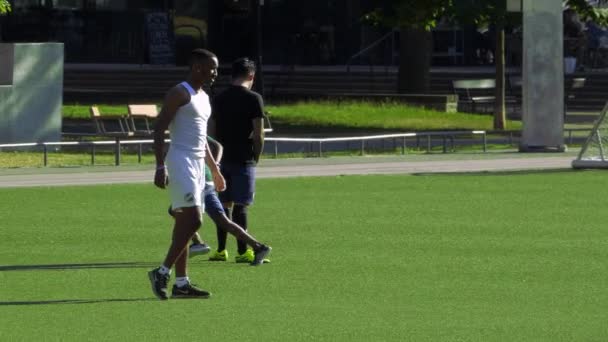 Niños Brasileños Oscuros Caucásicos Practicando Fútbol Juntos Parque Movimiento Lento — Vídeo de stock