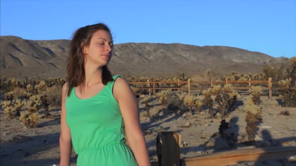 Egy Zöld Ruhás Várja Hogy Megcsókolják Miközben Szél Fújja Haját — Stock videók