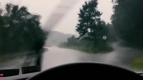 Conducción Punto Vista Lluvia Desde Asiento Del Conductor Con Volante — Vídeos de Stock