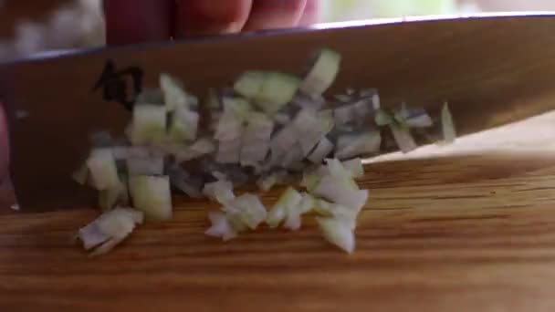 Šéf Krájí Bílou Cibuli Nožem Profesionálního Šéfkuchaře — Stock video