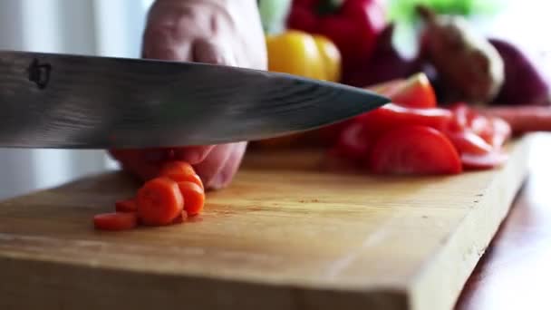 Homem Que Corta Cenouras Com Faca Pro Chef — Vídeo de Stock