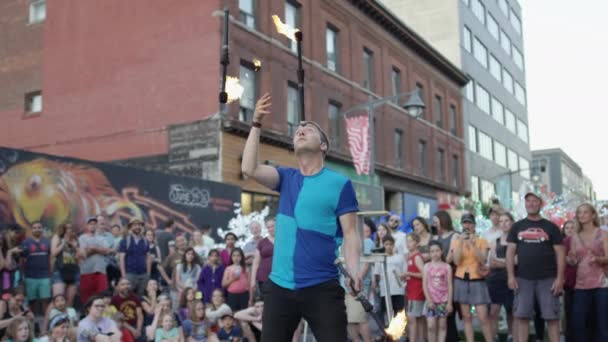 Cinematic Slow Motion Fire Torch Juggling Crowd — Stock Video