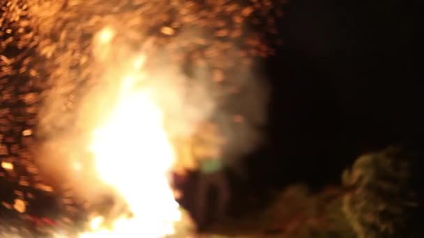 Φωτιά Χριστουγεννιάτικο Δέντρο Ομάδα Φίλων Γύρω Από Μια Τεράστια Φωτιά — Αρχείο Βίντεο