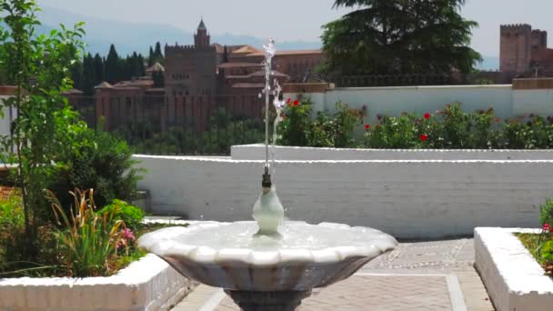 Uitzicht Een Kleine Fontein Met Het Alhambra Erachter — Stockvideo