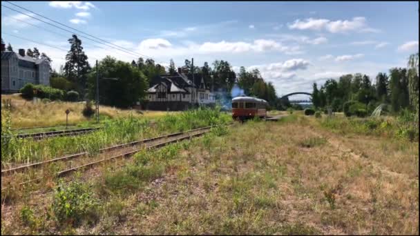 Old Train Leaves Station — Stock Video