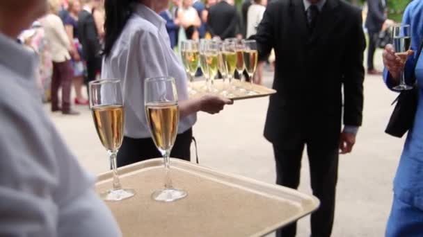 Een Vrouw Een Man Die Champagne Nemen Van Een Dienblad — Stockvideo