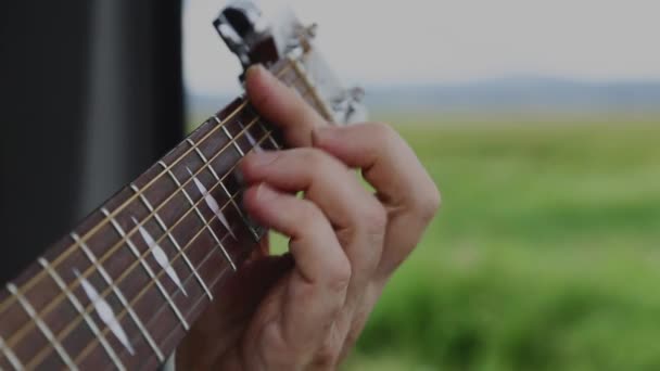 Uomo Siede Suona Chitarra Acustica Fronte Uno Sfondo Campagna — Video Stock