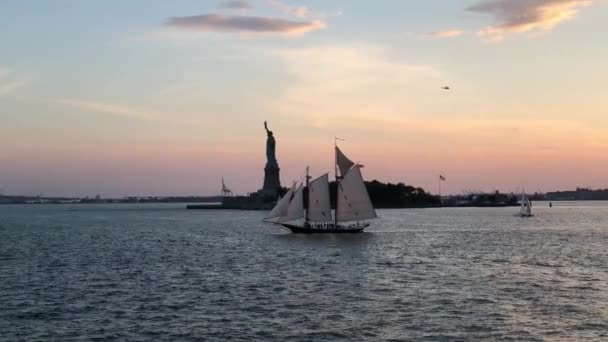 Nave Vela Río Hudson Con Estatua Libertad — Vídeo de stock