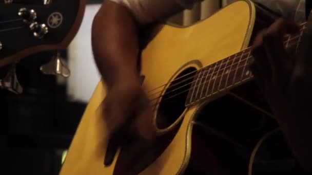 2人のミュージシャンが楽器を演奏し ギター奏者の手を閉じて — ストック動画