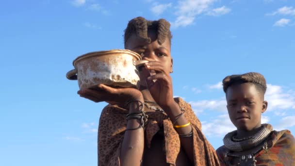 Namibia Himba Girl Early Morning Pot Fresh Milk Goats — Stock Video