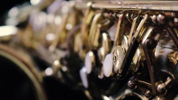 Detalles Saxofón Dorado Instrumento Viento Visto Muy Cerca Cámara — Vídeos de Stock