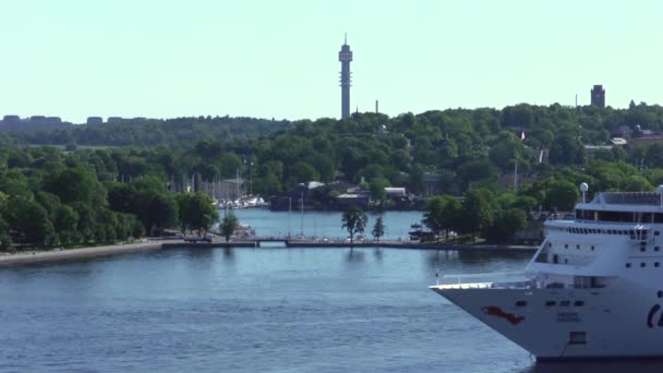 Stockholm Drukke Landschappelijke Saltsjon Waterweg Vol Met Veerboten Schepen — Stockvideo