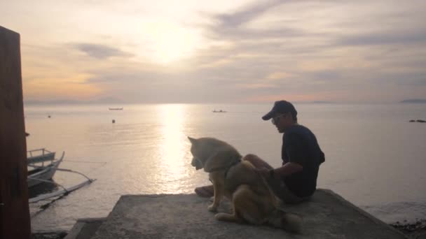 Αργή Κίνηση Βίντεο Του Ανθρώπου Αγκαλιάζει Σκυλί Μια Πλατφόρμα Ηλιοβασίλεμα — Αρχείο Βίντεο