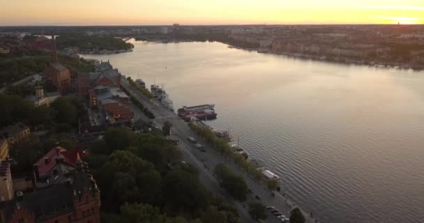 Aerial View Stockholm Sweden Beautiful Summer Sunset Drone Flies Backwards — Stock Video