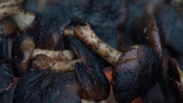 Extrême Gros Plan Champignons Shiitake Grillés Cuisson Sur Gril Chaud — Video