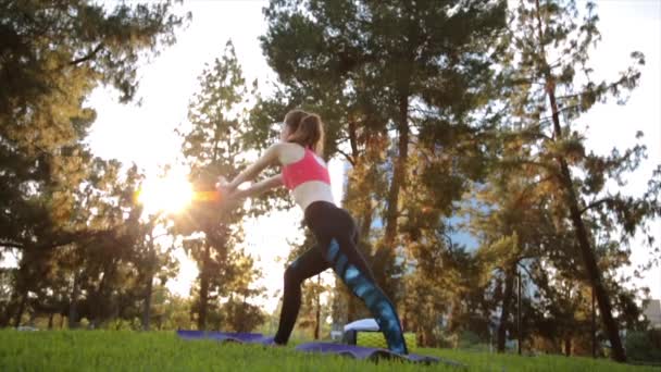 Geniş Açıda Güzel Genç Formda Beyaz Bir Kadının Dışarıda Yoga — Stok video