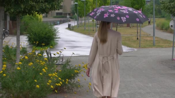 Девушка Идет Парковой Дорожке Фиолетовым Зонтиком — стоковое видео