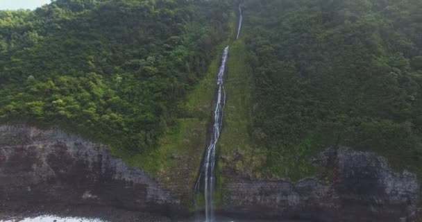 Aérea Cascada Ladera Montaña Que Vierte Océano Hawaii — Vídeos de Stock