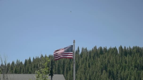 Bandeira Dos Eua Voando Vento Nas Montanhas — Vídeo de Stock