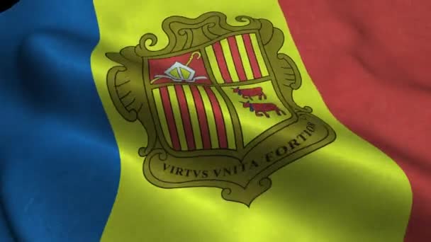 Fotorealistische Close Von Andorra Flagge Langsam Wehen Mit Sichtbaren Falten — Stockvideo