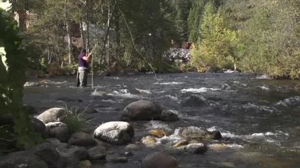 Pêcheur Volant Sur Une Rivière Automne Automne — Video