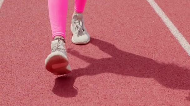Slow Motion Camera Preceding Feet Legs Walking Running Track — Stock Video