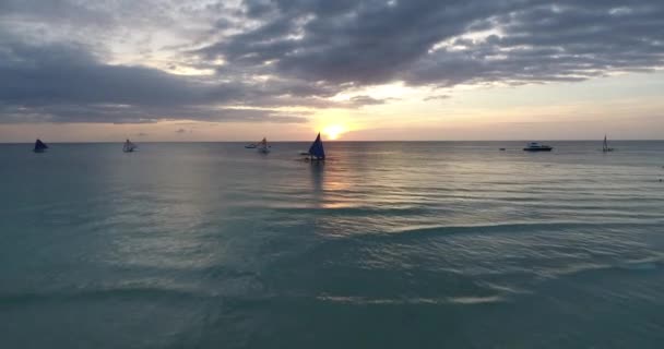 Cinematic Aerial Footage Flying Paddle Boarder Sunset Sailboats Distance Boracay — Stock Video