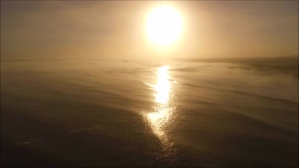 Aerial Sunrise Ocean Mist Ocean Swells Golden Hour — Stock Video