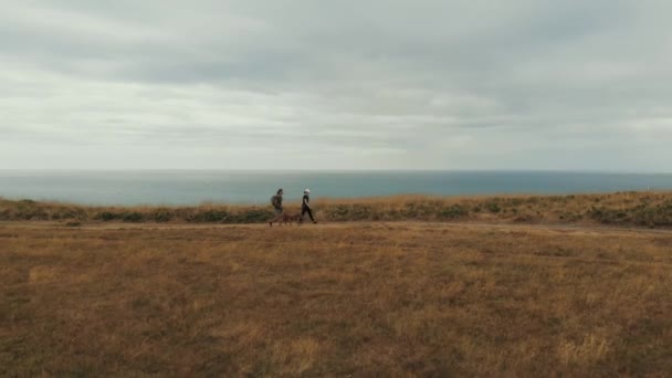 Drone Metraje Panorámica Aventura Pareja Largo Acantilados — Vídeo de stock